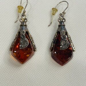 Vintage Handmade Sterling Silver & Baltic Amber  Drop Earrings